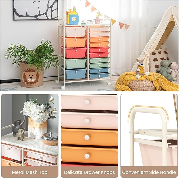 LDAILY 15 Drawer Rolling Storage Cart, Rolling Cart with Drawers for Classroom, Art Supply Craft Organizer on Wheel with Metal Frame & Handles for Home Office School
