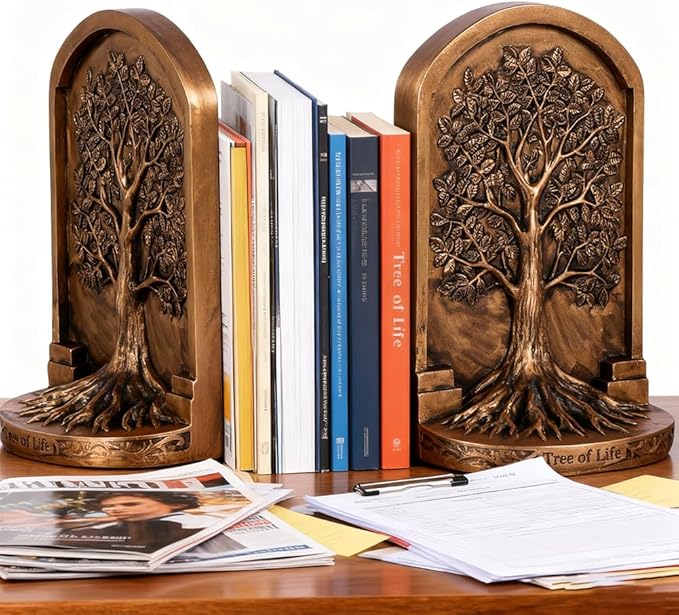 Large Vintage Tree of Life Bookends Set – 2 Non-Skid Heavy Bookends, Antique Bronze Finish Resin Decorative Bookends for Heavy Books, Office, Library, Bookshelf, Living Room, Housewarming Gift