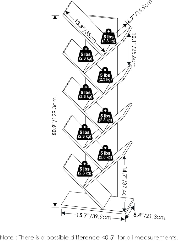 Furinno Tree Book Shelf, 9-Tier Bookshelf, Tree Bookcase for Room Decor, 8.4 x 15.7 x 50.9, for Living Room, Bedroom, Home Office, Grey Oak