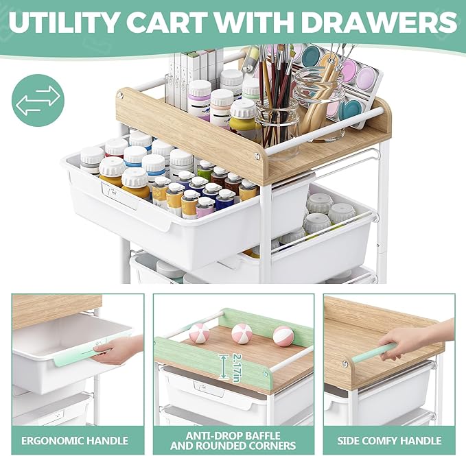 Rolling Storage Utility Cart With 5 Drawers,Craft Cart with Wheels,Makeup Organizer,Art Supply And Storage Wooden Tabletop,White