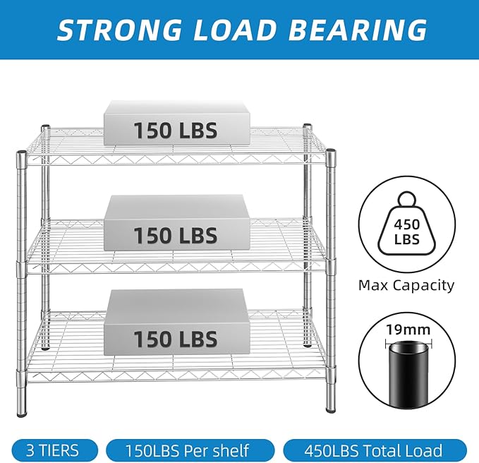 Guan River 3-Shelf Adjustable Metal Shelf Wire Shelving Storage Rack for Office,Kitchen,Bedroom,Bathroom,Laundry,Pantry Basement,Garage(Chrome,36" L x 14" W x 30" H)