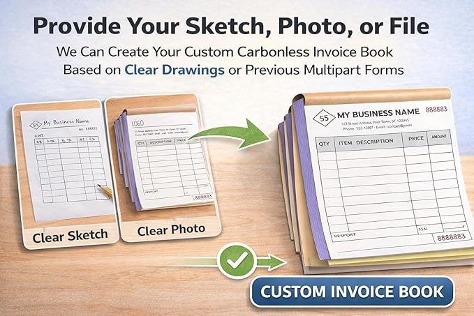Custom Carbonless Invoice Book with Logo, Personalized Cover & Inner Pages, 2 Part NCR Receipt & Work Order Forms, Easy Tear, Writing Shield for Small Business (Upload Your Design, 7.48 x 5.12INCH)