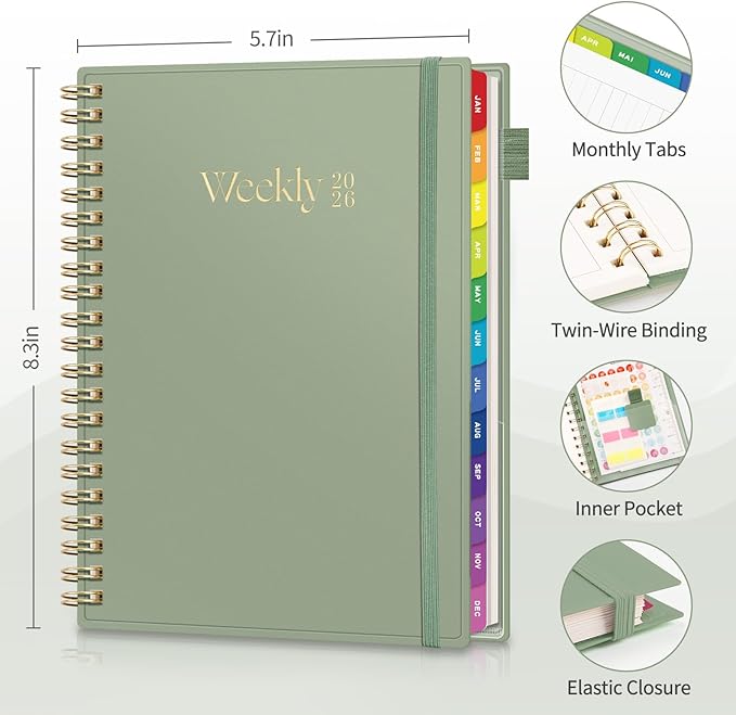 EMSHOI 2026 Planner Weekly and Monthly, Week on One Page with Notes, A5 (5.7"x8.3"), Jan-Dec 2026 Calendar Agenda with Monthly Tabs, Note Pages, 100GSM Thick Paper, Flexible Cover, Light Green
