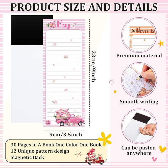 Eaasty 12 Pcs Seasonal Holiday Magnetic Notepads for Refrigerator Text Monthly Magnetic Grocery List 9 x 3.5" Magnet Memo Pads 30 Sheets Per Pad Shopping to Do List for January to December