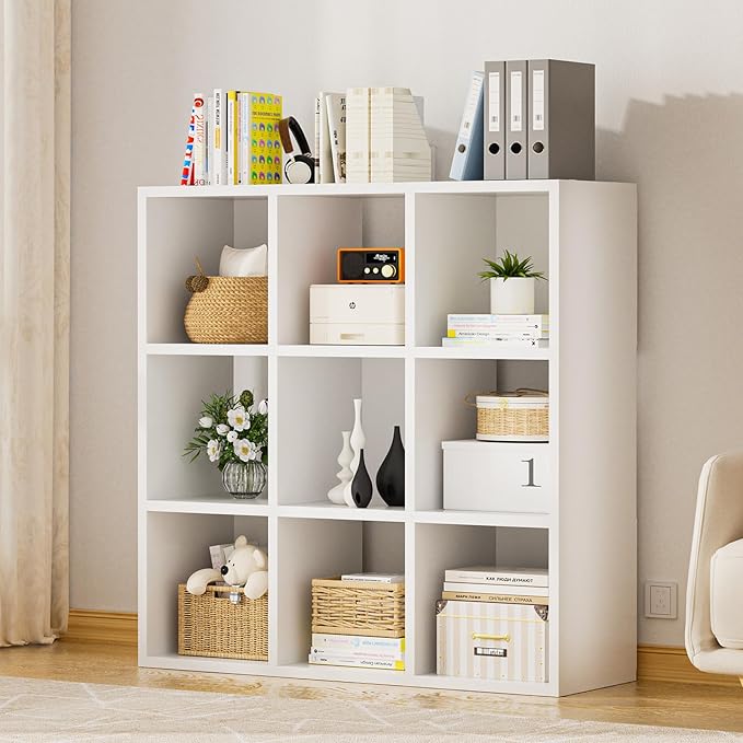 COMHOMA 9 Wood Cube Storage Organizer with Open Back and Removable Back Panels, 11In White Cube Storage Bookshelf, Cubicle Shelf Bookcase for Home Office Bedroom Living Room, Vertical or Horizontal