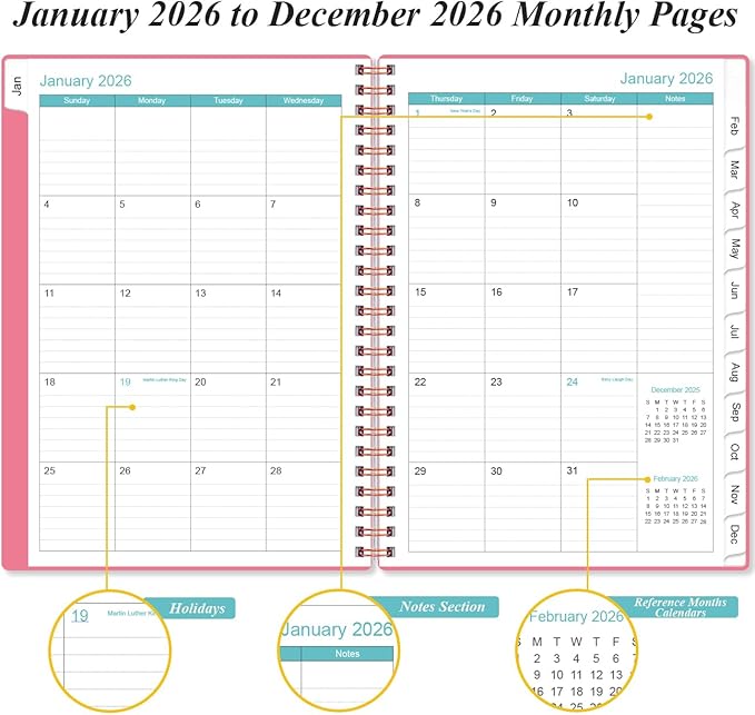 2026 Daily & Monthly Planner - One Page Per Day, Daily Planner 2026 from January 2026 to Deccember 2026, Planner 2026 with 12 Monthly Tabs, 6.4" x 8.5", Pink