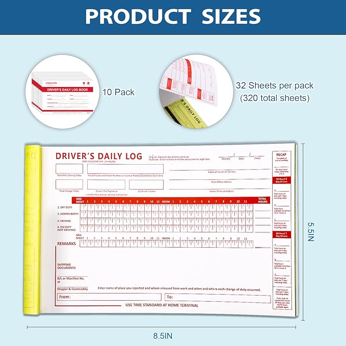 LINAUSTFB 10 Pack Daily Log Books for Truck Drivers with 7 and 8 Day Recap,32 Sets of Forms per Book, 8.5" x 5.5",2-Ply Carbonless Driver Log Book