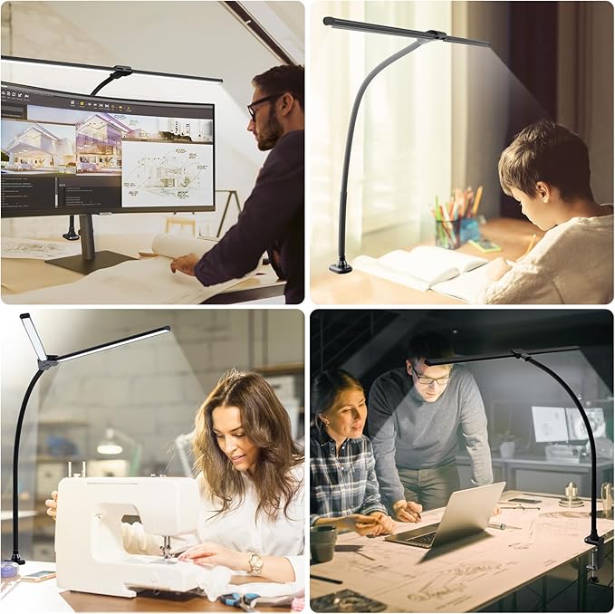 ShineTech LED Desk Lamp for Home Office, 3000K Warm White Double Head Architect Task Lamps with Clamp, Dimmable Adjustable Flexible, Black