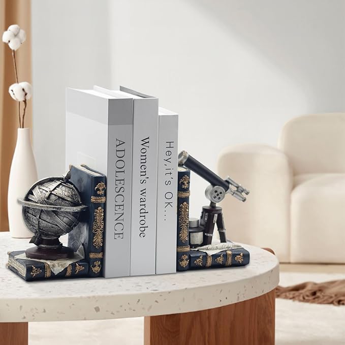 AUSTUFF Vintage Decorative Bookends, Armillary Sphere and Space Telescope Decorative Bookends, Vintage Decorative Unique Bookends for Home Office Schools