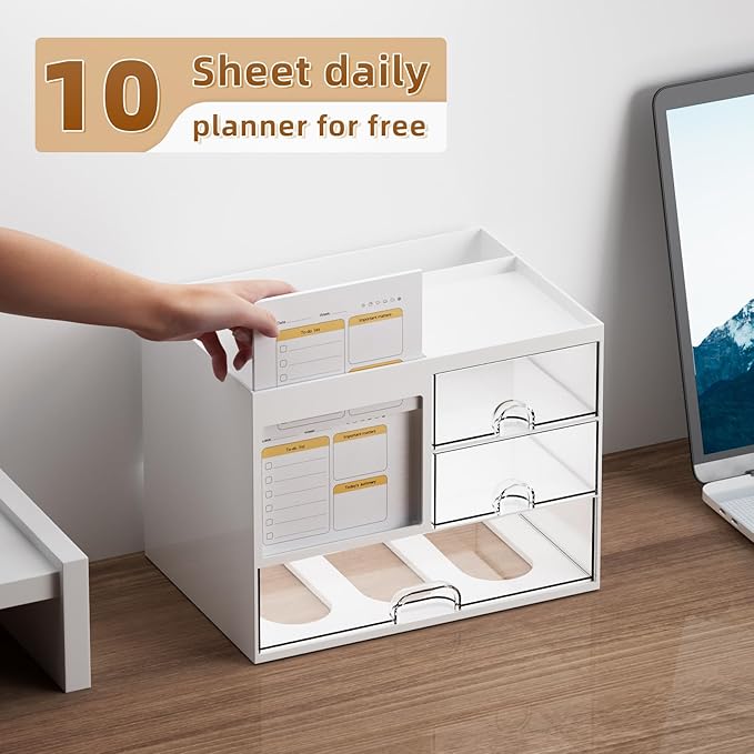 Marbrasse Desk Organizer with 3 Drawer, Multi-Functional Pencil Pen Holder for Desk, Desk Organizers and Accessories with 4 Compartments, Desktop Organizer Storage for Office Home Art Supplies (White)