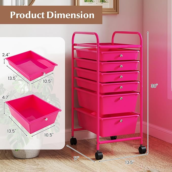 RELAX4LIFE 6-Drawer Rolling Storage Cart - Classroom Organization on Wheels w/Removable Plastic Drawers, Mobile Art Craft Cart for School Paper Home Office, Utility Cart with Drawers (Pink)