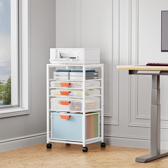 Marbrasse Rolling File Cart with 4 Storage Drawers, Mobile File Cabinet on Lockable Wheels, Hanging Filing Cabinet Organize, Under Desk Utility Cart for Home Office - White