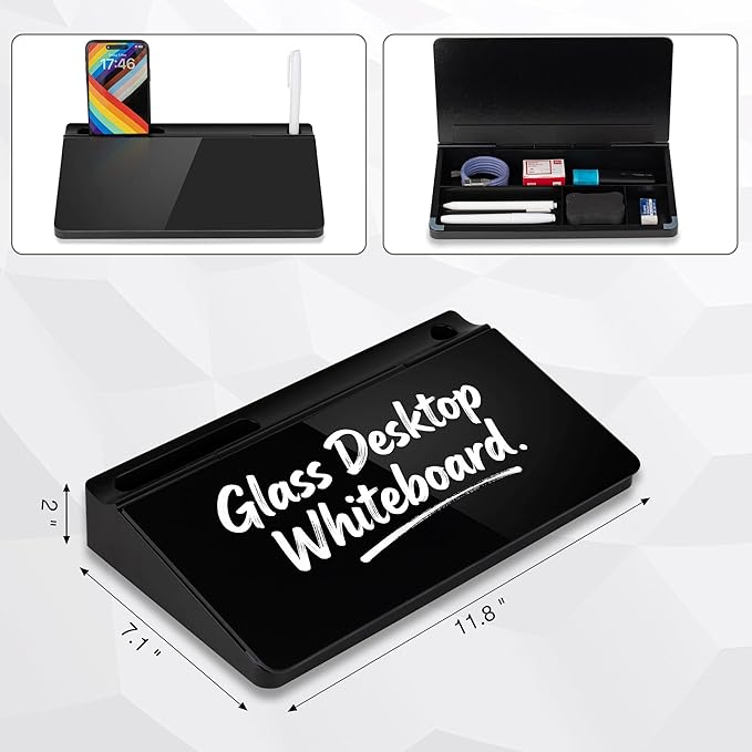Small Glass Desktop Whiteboard 11.8×7”, Dry Erase Note Memo Board, Desk Organizer with Storage for Desk, Office, School Supplies, Black, 2026