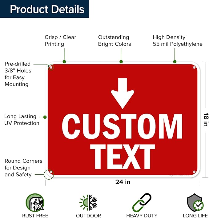 Custom Arrow,Custom Directional Sign, Down Arrow,18x24 Inches, 55 mil thick HDPE (high density polyethylene) Made in USA by My Sign Center
