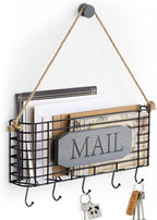 SRIWATANA Mail Key Holder for Wall, Rustic Mail Organizer Wall Mount with 5 Key Hooks, Large, Weathered Grey
