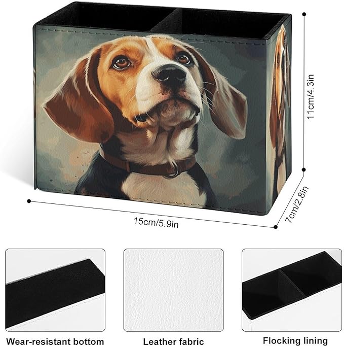Famame Oil Painting Beagle Dog Pencil Holder for Desk, Leather Desktop Container Pen Cup Storage Study Table Pen Organizer Makeup Brush Holder for Classroom Office Home