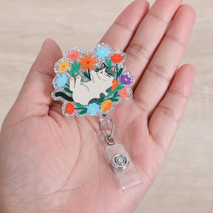Cute Cat Floral Nurse Badge Reel, Retractable ID Card Cat Lover Badge Holders, Medical Work Badge Clip for RN LPN MA Pediatric Rehabilitation Department Therapists Physician Psychologist Psych
