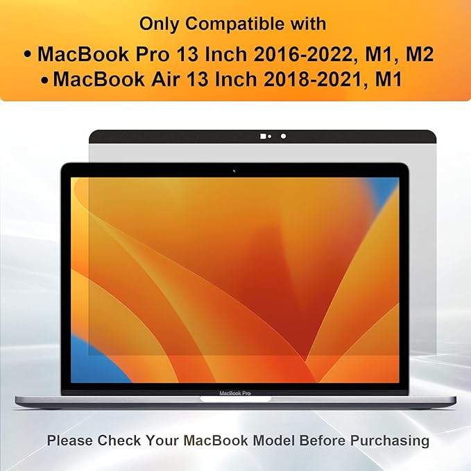 Magnetic Privacy Screen for MacBook Pro 13 Inch(2016-2022, M1, M2), Anti Glare Blue Light Filter with Camera Cover, Anti Spy Laptop Screen Protector