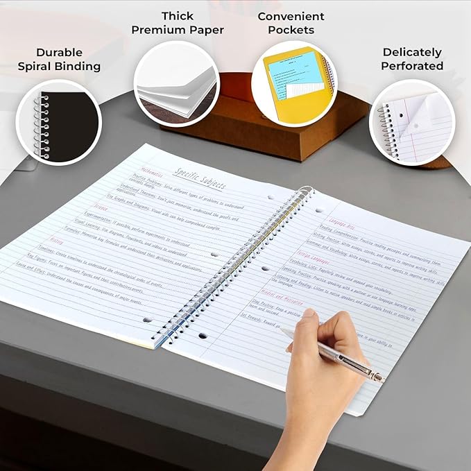 Rosmonde 1 Subject Spiral Notebook, 12 Pack, College Ruled, Water Resistant Cover, Thick 140 Pages/Book (70 Sheets), 8 x 10-1/2, 3 Hole, Bulk School & Office, Black Cover