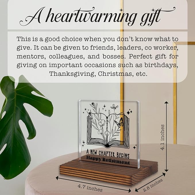 New Chapter Begins Retirement Acrylic Desk Sign, Inspirational Gift for Women Men, Happy Retirement Book Design Plaque, Farewell Keepsake for Coworker Teacher Friend Parent PA127