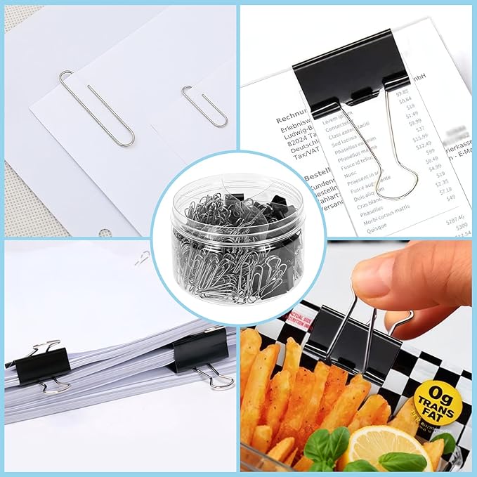 370 PCS Paper Clips and Binder Clips Set – Assorted Sizes Metal Clips (28-50mm Paper Clip + 15-25mm Binder Clip), Office Supplies for Home School