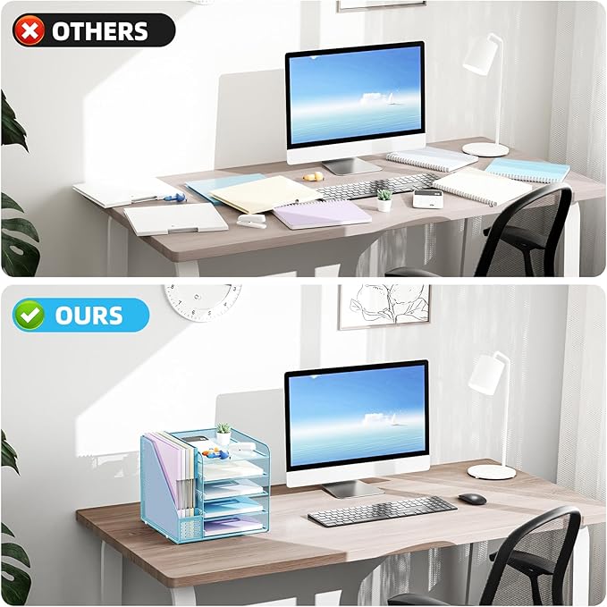 Marbrasse Desk Organizers and Accessories, 5-Tier Paper Letter Tray Organizer with File Holder, Mesh File Organizer, Office Desk Accessories & Organization for Supplies (Blue)