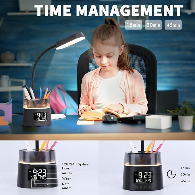 Led Desk Lamp for Home Office, Touch Table Lamp with USB Charging Port, 3 Color Modes Stepless Dimmable Reading Light, Gooseneck Lamp for Dorm Room, Bedside Study Light with Clock,Adapter Include