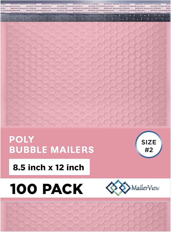 Light Pink Poly Bubble Mailers 8.5x12 inch #2 | Self Seal Padded Envelopes | Cushioned Bubble Mailer | Usable Size 8.5x11 | Water Proof | Lightweight mailing Shipping Bags | 100 Pack Bulk