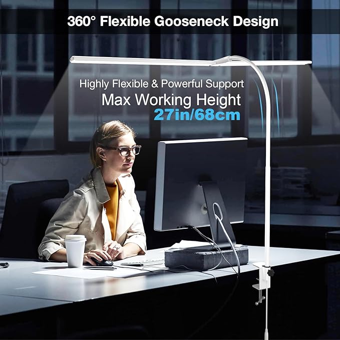 LED Desk Lamp, 31.5'' Wide Double Head Desk Lamps for Home Office, Dimmable 25 Lighting Modes 16W 1800lm Bright Task Lighting, Eye Caring Architect Table Lamp for Workbench Monitor Study, White