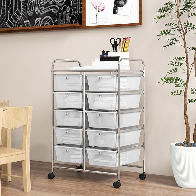 GOFLAME 10-Drawer Rolling Storage Cart, Art Craft Storage Organizer on Wheels, Multipurpose Movable Utility Cart for School, Office and Home, Clear