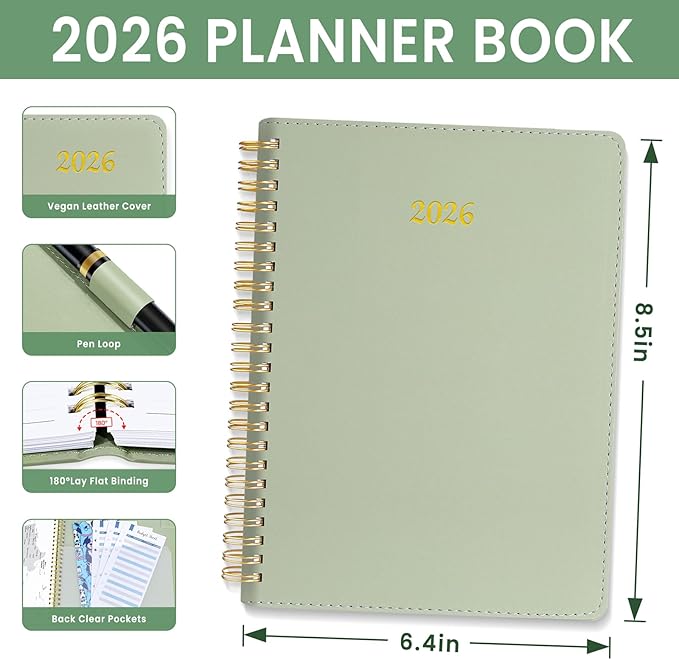 2026 Planner, Annecy Weekly ＆ Monthly Planner 2026, Jan. 2026 – Dec. 2026, 6.4" x 8.5" Monthly Agenda Planner with Tabs, Vegan Leather Cover, Spiral Binding, Double-sided Pocket, Bookmark, Green