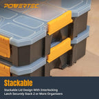 POWERTEC Small Parts Organizer & Tool Box – 14 Compartments, Stackable Storage with Interlocking Latch, Removable Dividers, Clear Lid, Portable Design, 2-Pack (72364-P2)