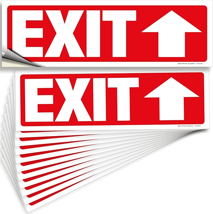 iSYFIX Exit Signs Stickers 12 Pack 12x4 Inch - Laminated Premium Vinyl Directional Up Arrow Signs for Buildings, Office, Workplace, Stores, Schools, Theaters, Parking, Restaurants, Factories