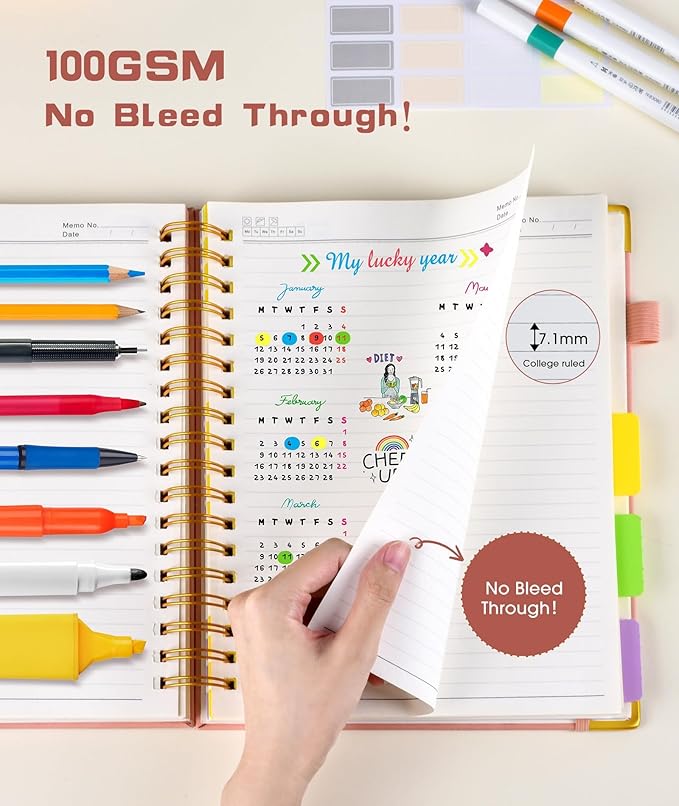 Hardcover Spiral Notebook 8.5"x11" Journal with Removable Dividers Tabs, 300 Pages Leather 5 Subject Notebook College Ruled, Large A4 Notebooks for Work School, Lined Journal for Women, A4 Pink