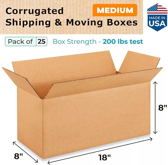 Medium Shipping & Moving Boxes 18"L x 8"W x 8"H (25-Pack) - Extra Strength 200 lb vs Regular - Corrugated Strong Medium Moving Boxes - Cardboard Moving Box - Box for Packaging by IDL Packaging