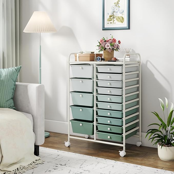 HAPPYGRILL 15-Drawer Rolling Cart, Storage Carts with Removable Drawers & Steel Frame, Utility Cart on Lockable Wheels for Home, School, Office, Macaroon, Gradient Green
