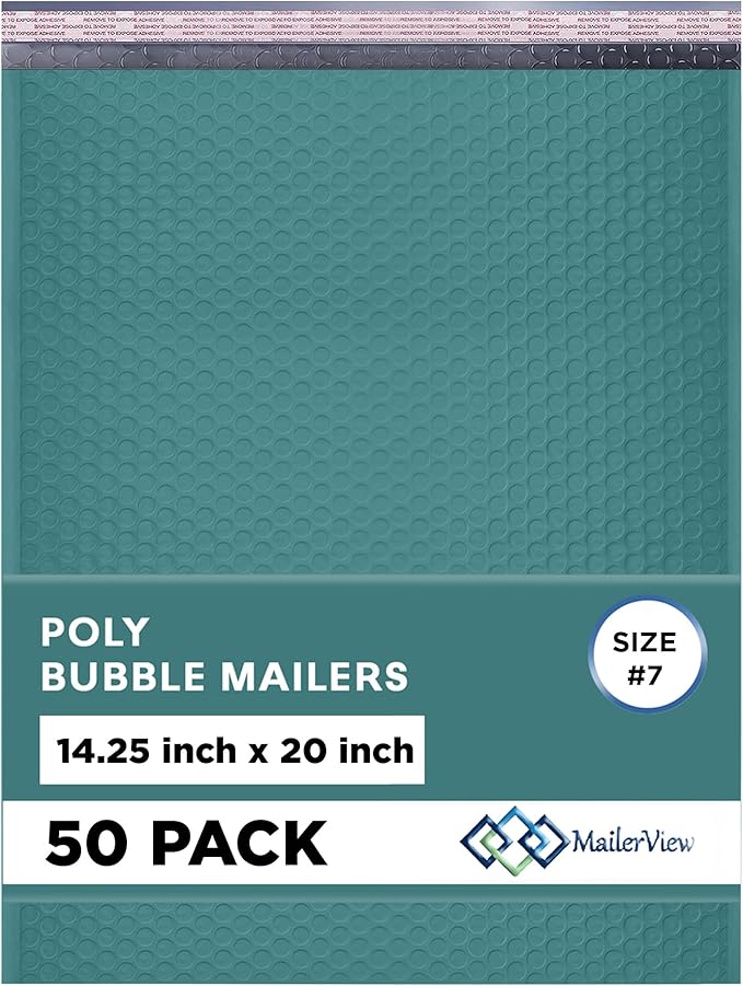Green Extra Large Poly Bubble Mailers 14.25x20 inch #7 | Self Seal Large Padded Envelopes | Air Cushioned Bubble Mailer | Usable Size 14.25x19 Lightweight Mailing Shipping Bags| 50 Pack Bulk