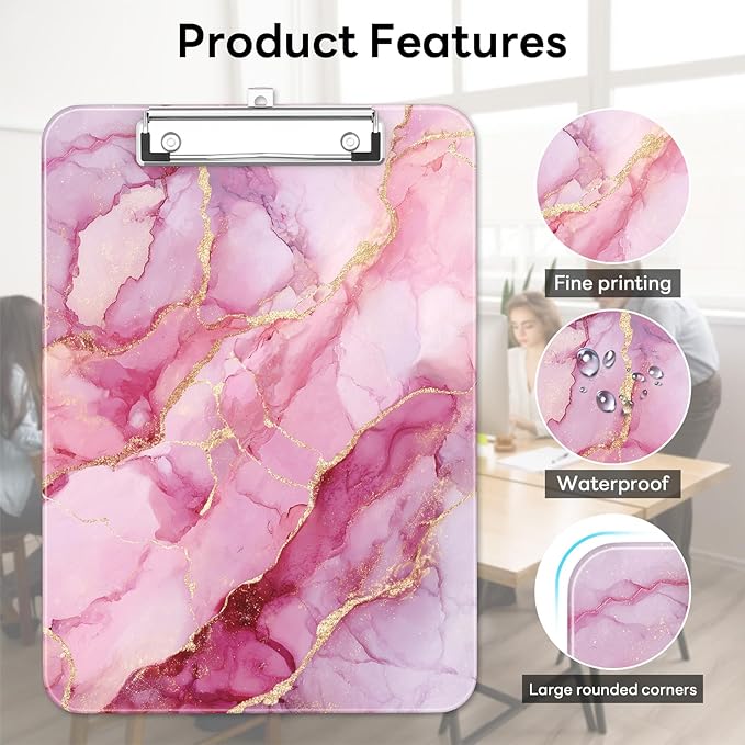 Luminzo Plastic Cute Clipboard Low-Profile Metal Clip, A4 Letter Size 9 x 12.5 in, 8.5 x 11 Paper Clip Board for Teachers, Nurses, Classroom,Pink Marble