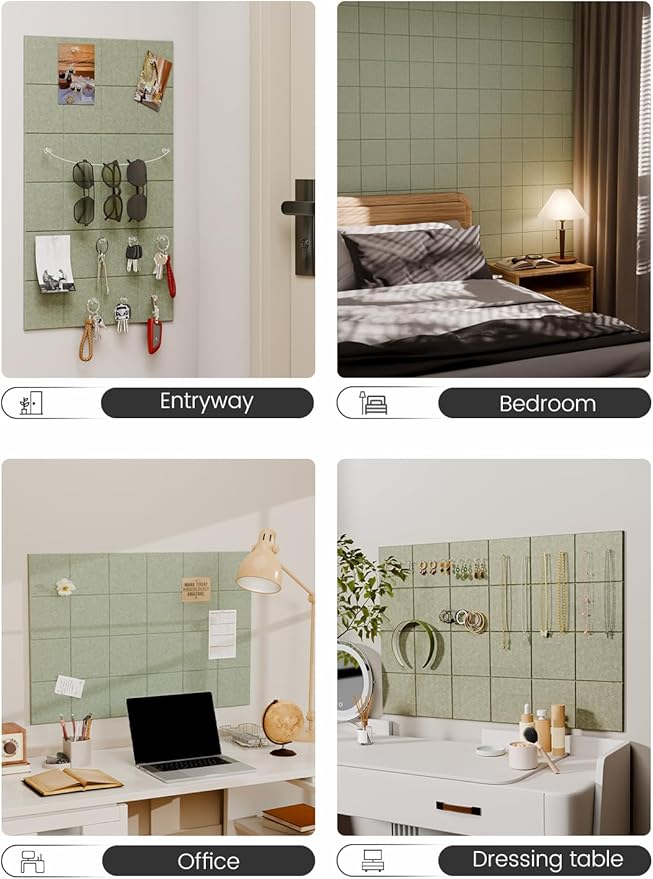 Fluxynara Felt Bulletin Board Tiles -28"x18" Cork Board Alternative for Office Decor, Push Pin Board Wall Organizer 6-Pack - Sage