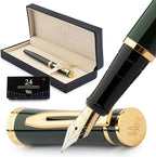 Wordsworth & Black Fountain Pen Set, 18K Gilded Fine Nib, Includes 24 Pack Ink Cartridges, Ink Refill Converter & Gift Box, Gold Finish, Calligraphy, [Racing Green], Perfect for Men & Women