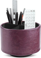 Hennaja Round Leather Art Supply Organizer,Remote Control Holder,360 Degree Spinning,Multi-Functional Pencil Holder,4 Compartments Desktop Stationary Organizer(1-Oil Brown)
