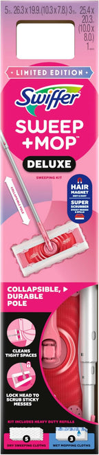 Swiffer Sweep and Mop Deluxe, Limited Edition Pink Wicked: for Good, 2-in-1 Floor Mopping and Sweeping Kit, 1 Sweeper Device, 5 Heavy Duty Dry Sweeping Cloths, 3 Heavy Duty Wet Mopping Cloths