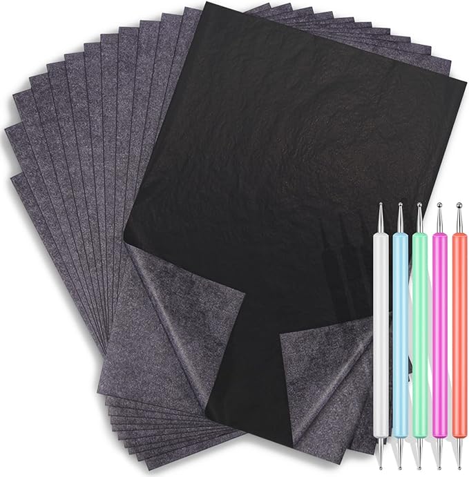 Carbon Transfer Copy Paper with Embossing Stylus Tool for Tracing, Cridoz 30 Sheets Graphite Transfer Tracing Paper with 5 Pcs Embossing Dot Tools for Tracing on Wood, Paper, Canvas (8.5 by 11 Inch)