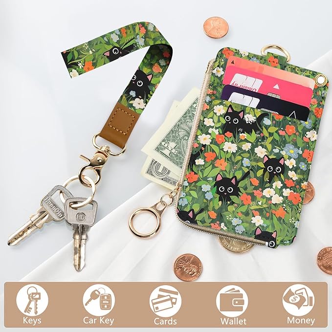 bolimoss Cute 2-in-1 ID Badge Holder & Lanyard Wallet, Black Cat Floral Wallet with Removable Wristlet & Neck Lanyard, Clear Window, 5 Card Slots, 1 Side Zipper Pocket, Ring Keychain