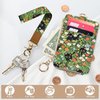 bolimoss Cute 2-in-1 ID Badge Holder & Lanyard Wallet, Black Cat Floral Wallet with Removable Wristlet & Neck Lanyard, Clear Window, 5 Card Slots, 1 Side Zipper Pocket, Ring Keychain