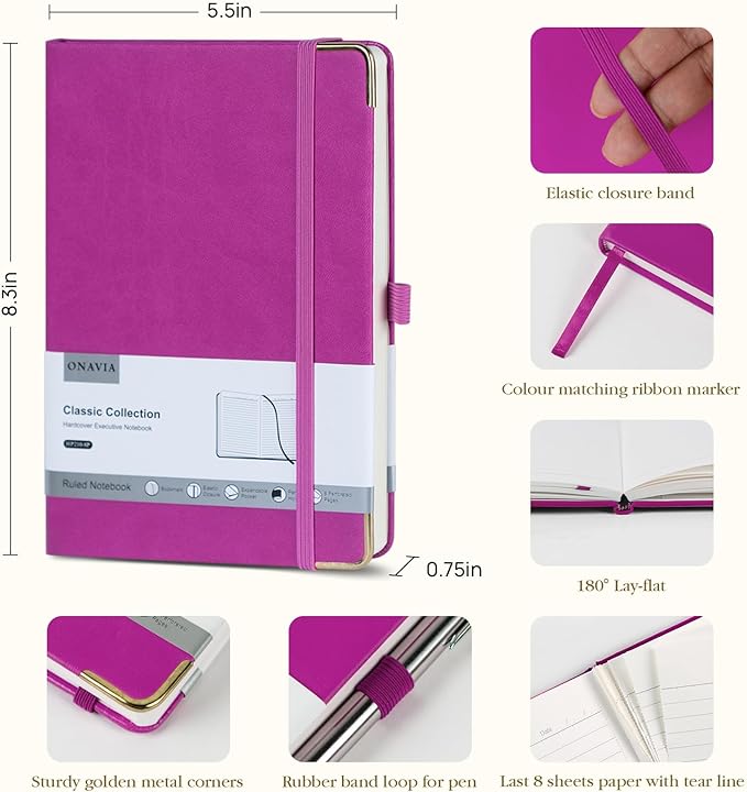 ONAVIA A5 Lined Journal Notebook - 100 GSM Thick Paper, 6 Pack Hardcover Journaling Notebooks for Writing, Work, Travel, School, College Ruled Journals for Women Men, PU Leather Note Books, 5.5”x8.3”