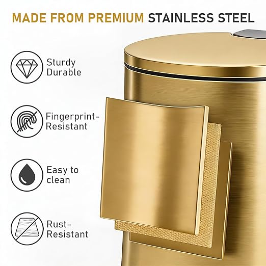 SIMPLYKLEEN Bathroom Trash Can with Lid - 2PC Oval Small Trash Can with Soft-Close Lid, Foot Pedal, Brushed Stainless Steel, Removable Liner, Garbage can for Kitchen, Office, Home Gold