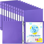 Henoyso 16 Pcs 3 Ring Binder 0.5 Inch Round Fits Letter Size 8.5'' x 11'' Paper Plastic Flexible Binder Bulk Holds 140 Sheets with 1 Pockets Versatile Organizer for Home Office School (Purple)