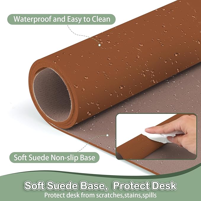 Boutilon Leather Desk Pad Protector,Non-Slip Mouse Pad,Laptop Desk Pad,Office Mouse Mat,Waterproof Leather Desk Blotter,Desk Writing Pad for Office and Home (XXL-Brown,47.2"x 17")