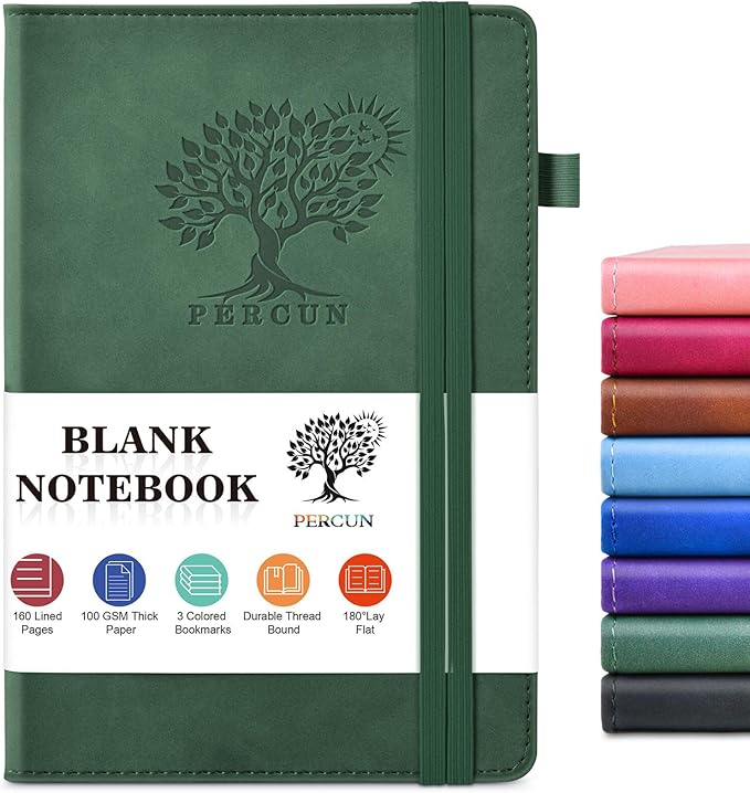 PERCUN Blank Journal Ntebook for Men & Women, 160 Pages Blank Journals for Writing, Drawing,Sketch Book,5.9" x 8.5" Leather Sketchbook, Unlined Notebook for Work, School, Art (Green)